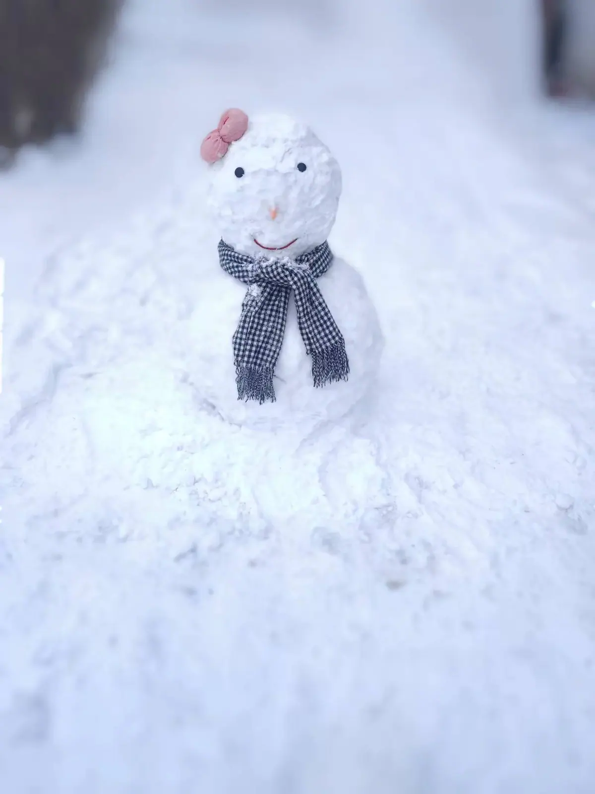A small smiling snowman wearing a checkered scarf and pink bow stands in a snowy outdoor scene.